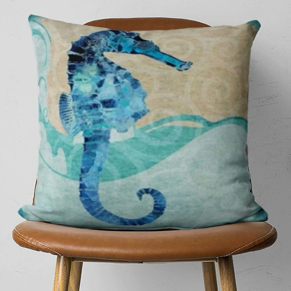 Ocean Theme Cotton Linen Seahorse Print Beach Sofa Bed Pillow COVER ONLY#1020256